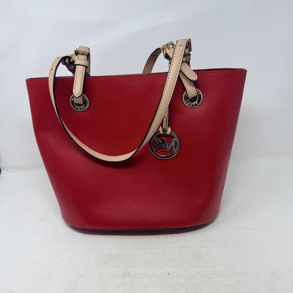 Michael Kors Red Leather Tote Bag MK Charm Shoulder Bag